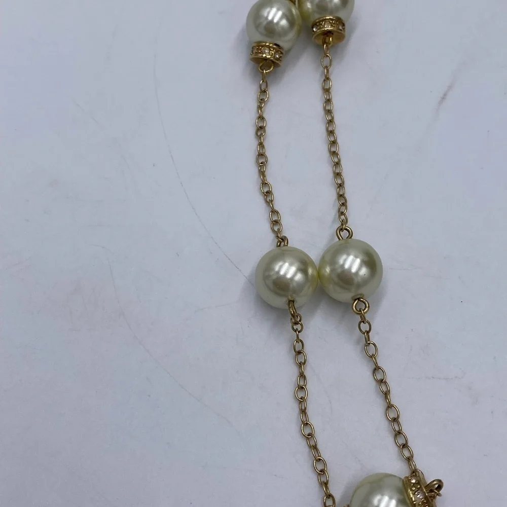 J. Crew Faux‎ Pearl and Rhinestone Necklace Long Strand Necklace Gold Tone